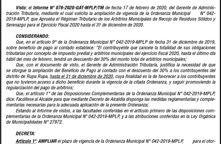 Decreto de Alcaldía Nº 008 de la Municipalidad Provincial de Leoncio Prado