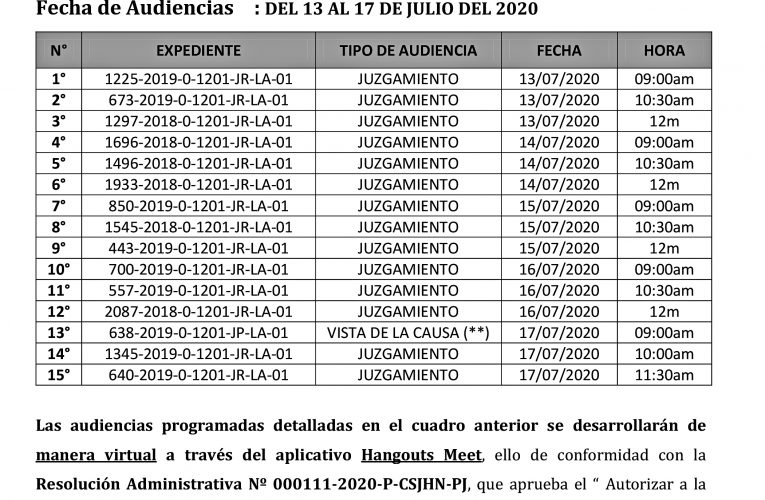 Relación de expedientes con audiencias programadas del  13 al  17 de julio de 2020