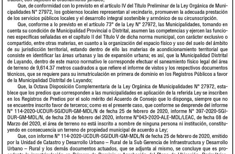 Acuerdo de Concejo n.º 055 de la Municipalidad Distrital de Luyando-Naranjillo