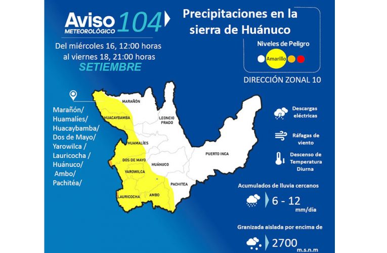 Desde hoy lluvias en 9 provincias de Huánuco