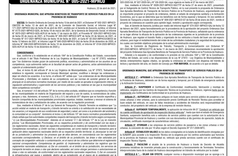 Ordenanza n.º 005 de la Municipalidad Provincial de Huánuco