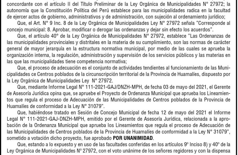 Ordenanza n.º 005 de la Municipalidad Provincial de Huamalíes