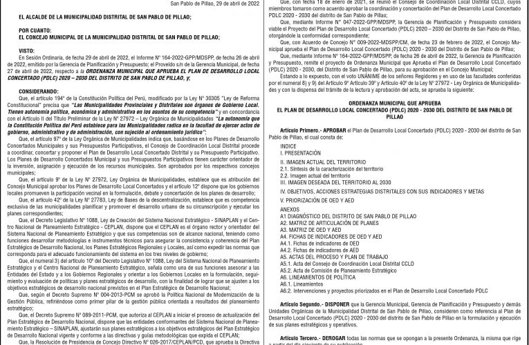 Ordenanza n.º 004 de la Municipalidad Distrital de San Pablo de Pillao