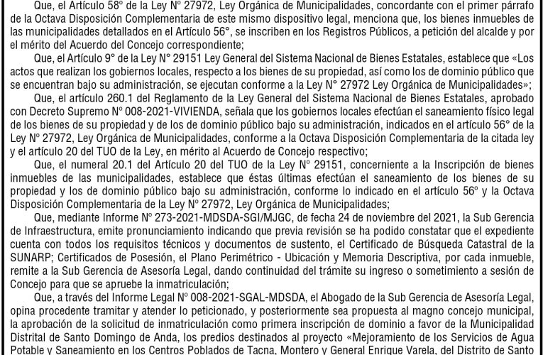Acuerdo de Concejo n.º 062 de la Municipalidad Distrital de Santo Domingo de Anda