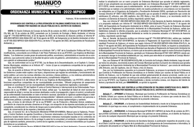 Ordenanza n.° 076 de la Municipalidad Provincial de Huánuco