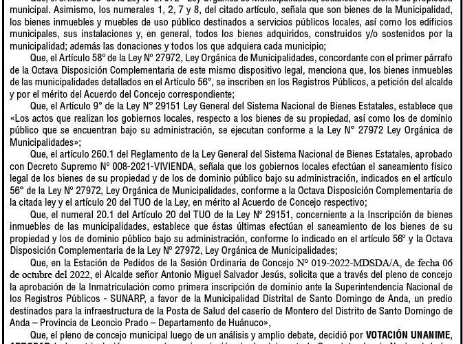 Acuerdo de Concejo n.º 067 de la Municipalidad Distrital de Santo Domingo de Anda