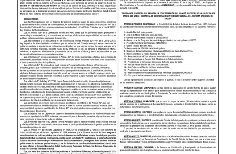 Ordenanza n.° 013 de la Municipalidad Distrital de Santa María del Valle