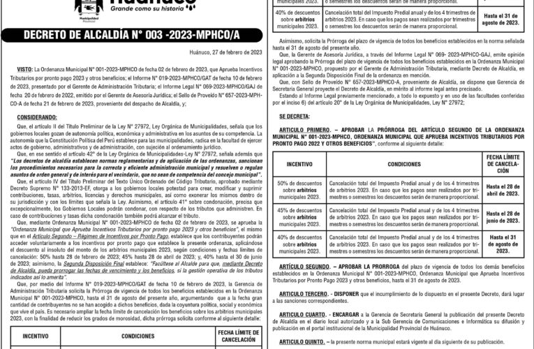 Decreto de Alcaldía n.° 003 de la Municipalidad Provincial de Huánuco