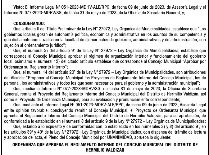 Ordenanza n.º 011 de la Municipalidad Distrital de Hermilio Valdizán