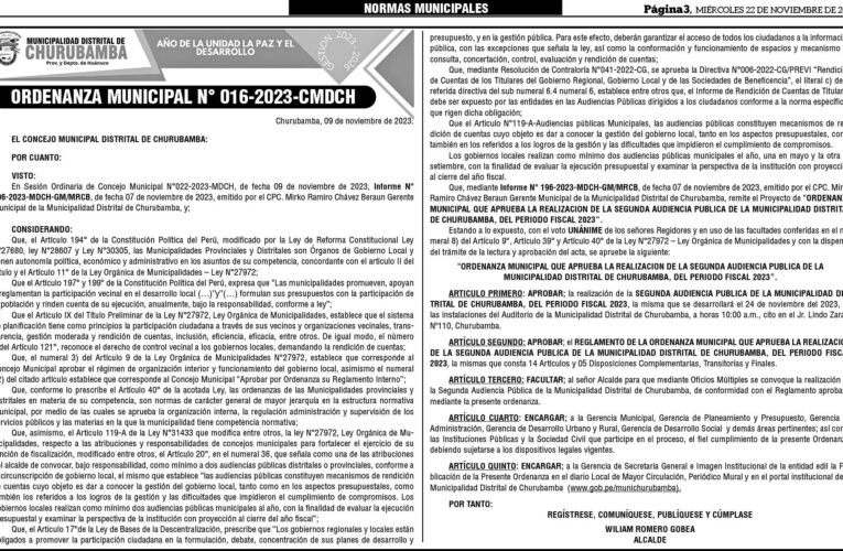 Ordenanza n.° 016 de la Municipalidad Distrital de Churubamba