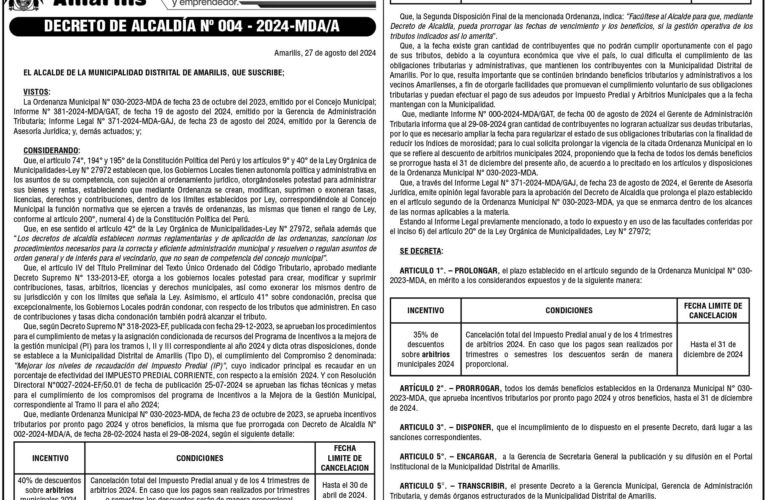 Decreto de Alcaldía n.° 004 de la Municipalidad Distrital de Amarilis