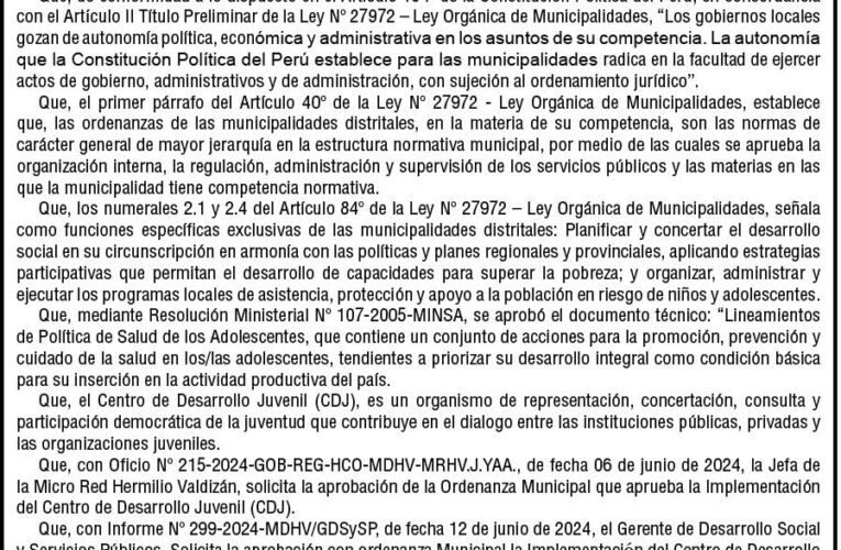 Ordenanza n.° 011 de la Municipalidad Distrital de Hermilio Valdizán