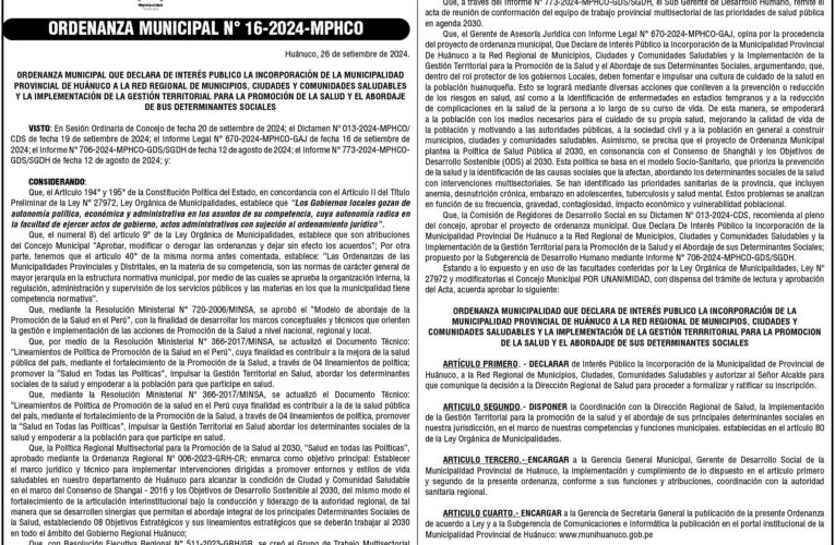 Ordenanza n.° 016 de la Municipalidad Provincial de Huánuco