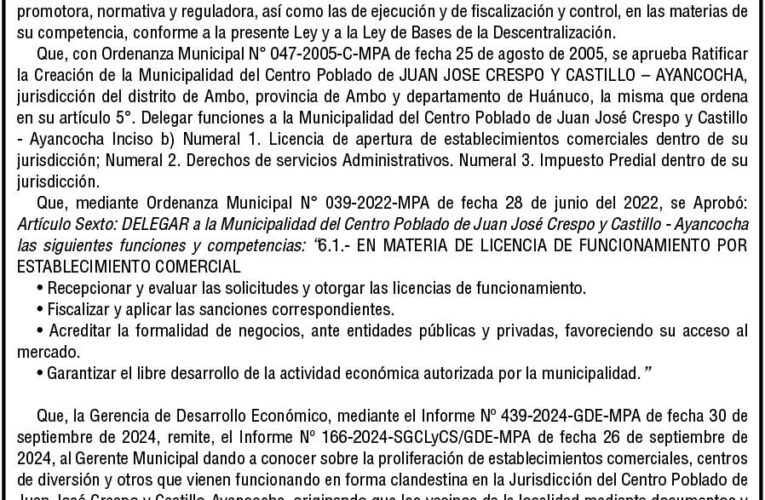 Ordenanza n.º 018 de la Municipalidad Provincial de Ambo