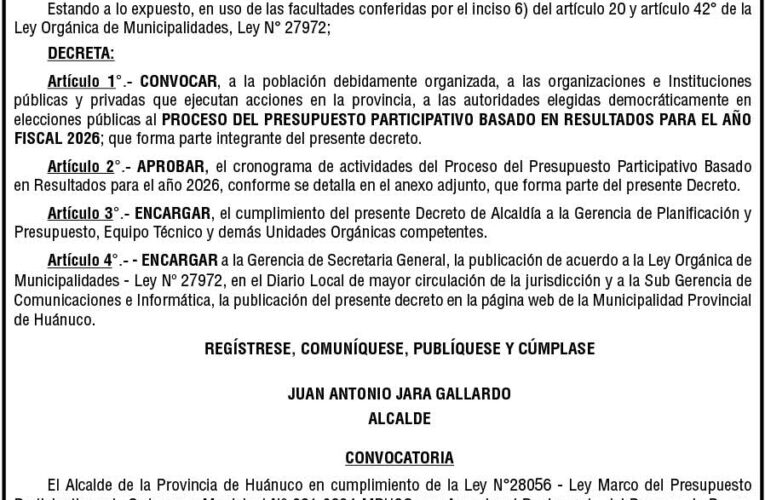 Decreto de Alcaldía n.º 001 de la Municipalidad Provincial de Huánuco