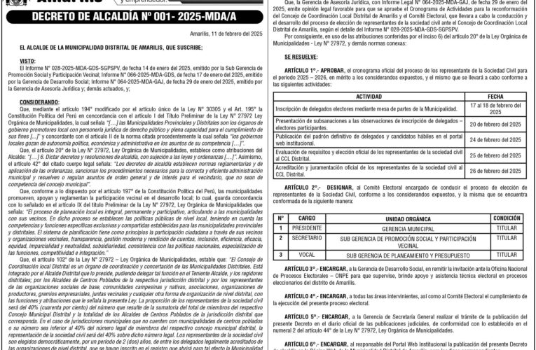Decreto de Alcaldía n.° 001 de la Municipalidad Distrital de Amarilis