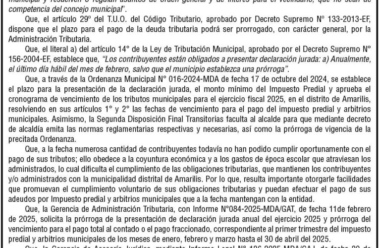 Decreto de Alcaldía n.° 002 de la Municipalidad Distrital de Amarilis