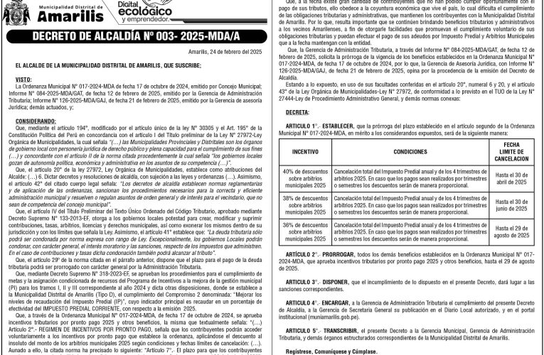 Decreto de Alcaldía n.° 003 de la Municipalidad Distrital de Amarilis