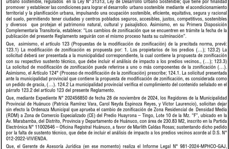 Ordenanzas n.º 008 de la Municipalidad Provincial de Huánuco