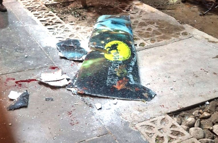 Niña grave al caerle letrero  de hotel pollería