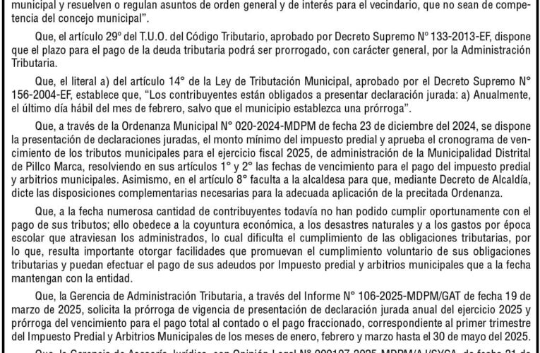 Decreto de Alcaldía n.º 003 de la Municipalidad Distrital de Pillco Marca