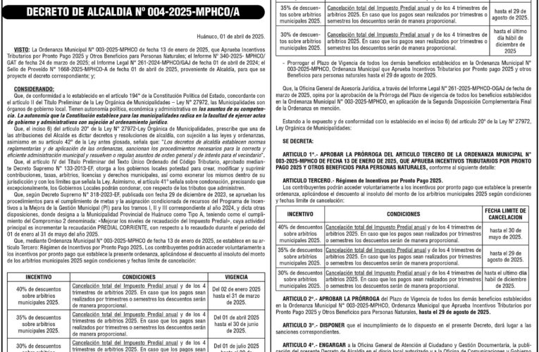 Decreto de Alcaldía n.º 004 de la Municipalidad Provincial de Huánuco