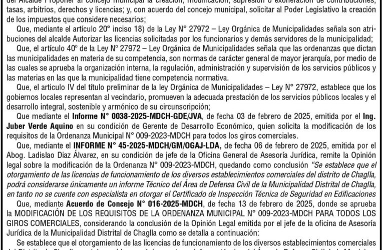 Ordenanza n.° 004 de la Municipalidad Distrital de Chaglla