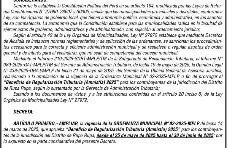 Decreto de Alcaldía n.º 08 de la Municipalidad Provincial de Leoncio Prado