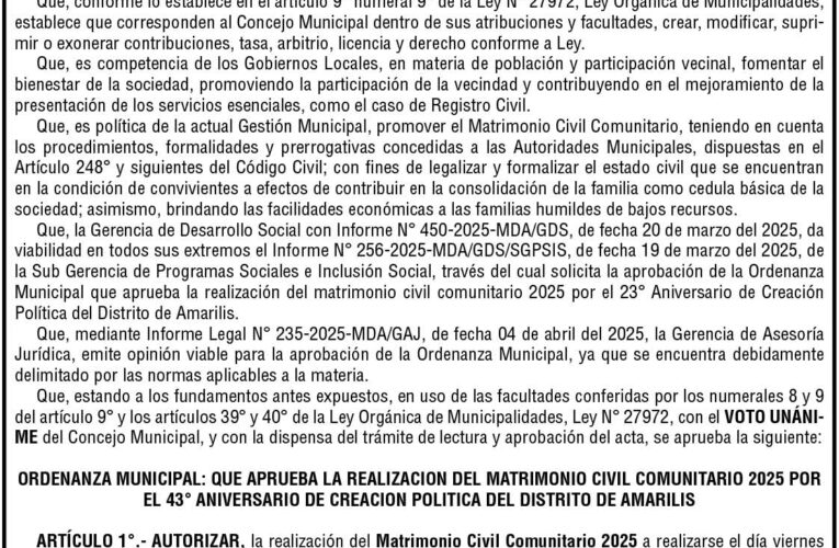 Ordenanza n.° 007 de la Municipalidad Distrital de Amarilis