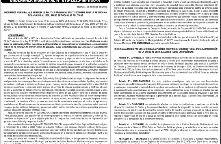 Ordenanza n.º 010 de la Municipalidad Provincial de Huánuco